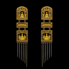 Ancient Chinese Buddha Stele Carving Earrings Vintage Brass Gold Tone Dangle Earrings