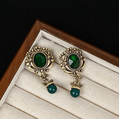 Vintage Emerald Rhinestone Earrings Court Style Antique Finish Dangle Earrings