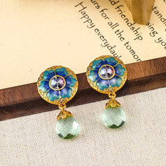 Vintage Court Blue Enamel Flower Earrings Crystal Tassel Dangle Earrings Artisan