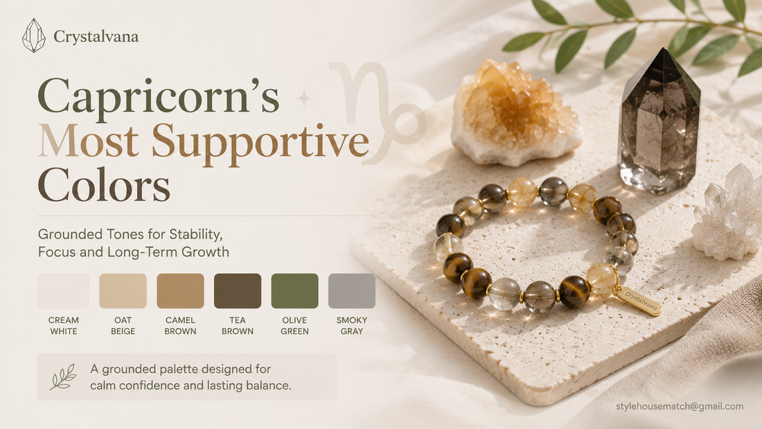 Capricorn lucky colors crystal bracelet matching guide - cream white oat beige camel brown olive green palette
