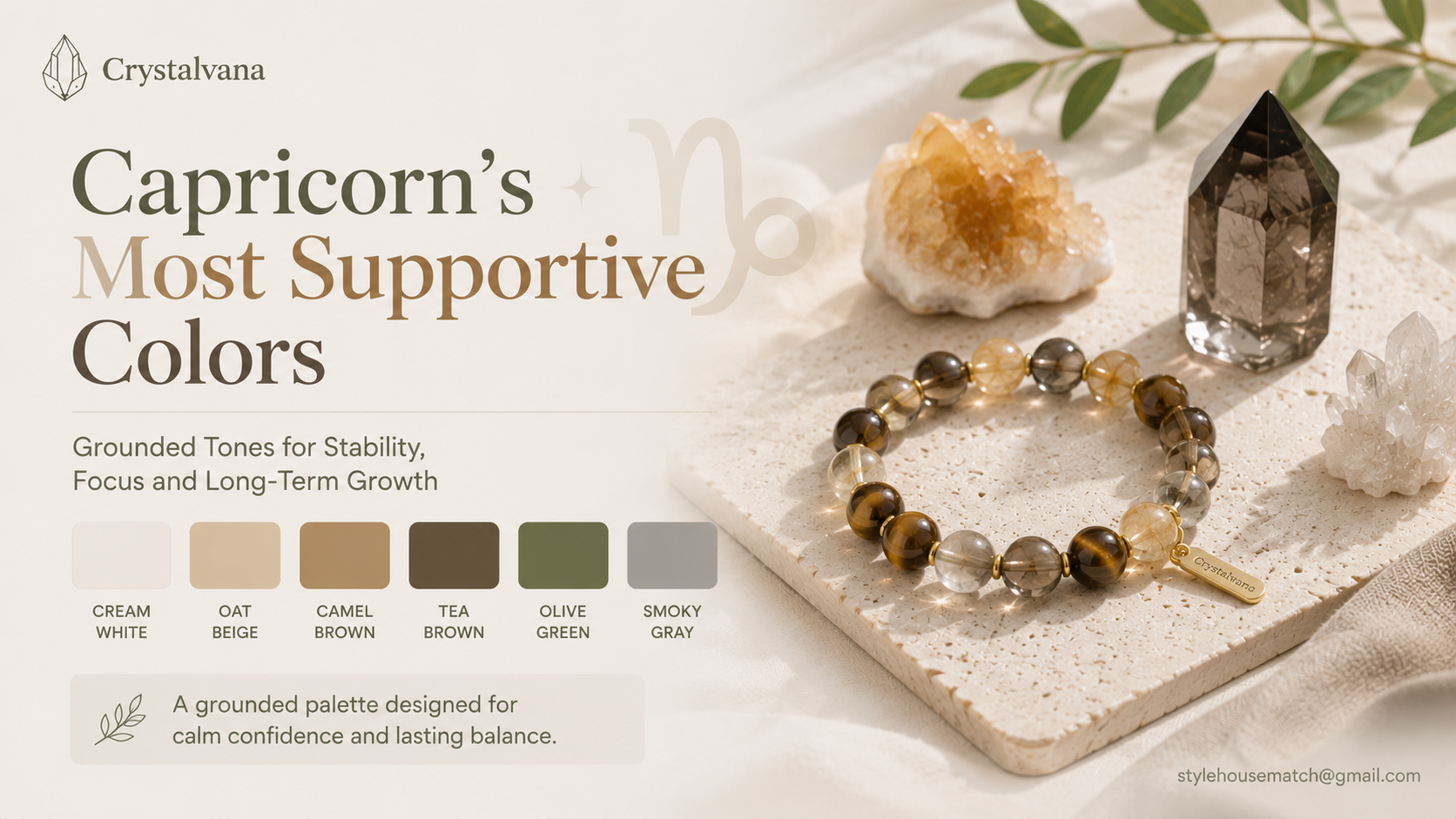 Capricorn lucky colors crystal bracelet matching guide - cream white oat beige camel brown olive green palette