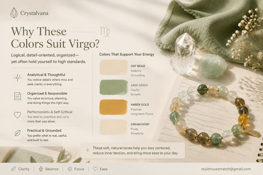 Virgo lucky colors crystal bracelet matching guide cover with beige sage green amber gold gradient for Virgo zodiac earth energy