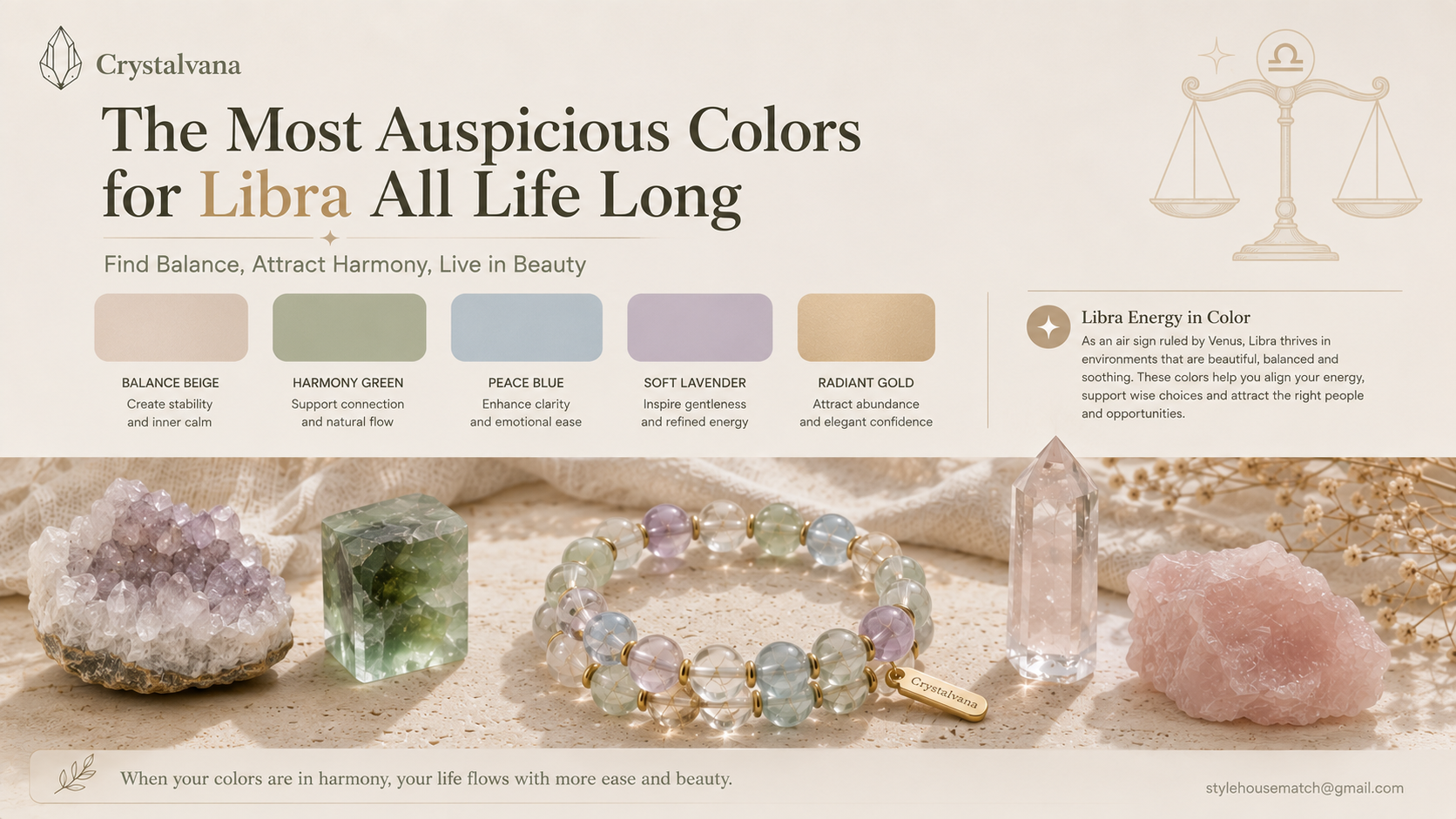 Libra lucky colors crystal bracelet matching guide - champagne gold sage green silver blue lavender beige palette