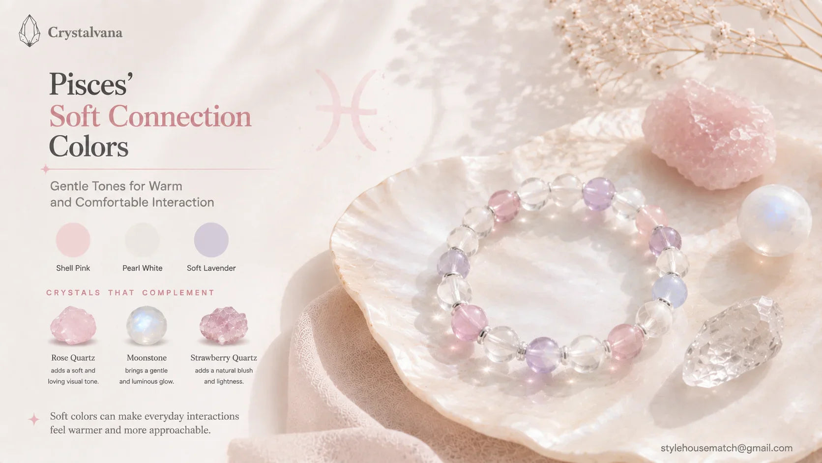 Pisces lucky colors crystal bracelet matching guide - sea green ocean blue lavender silver pearl white soft pink