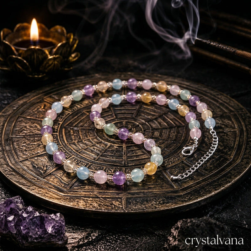 Handcrafted natural crystal jewelry pieces arranged as gift ideas in soft daylight