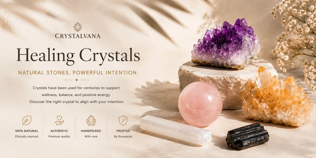 Natural healing crystals including amethyst, rose quartz, citrine, selenite and black tourmaline