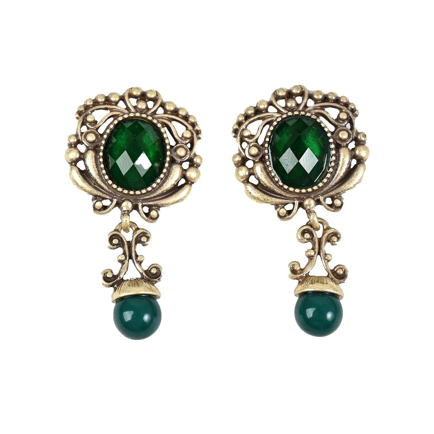 Vintage Emerald Rhinestone Earrings Court Style Antique Finish Dangle Earrings