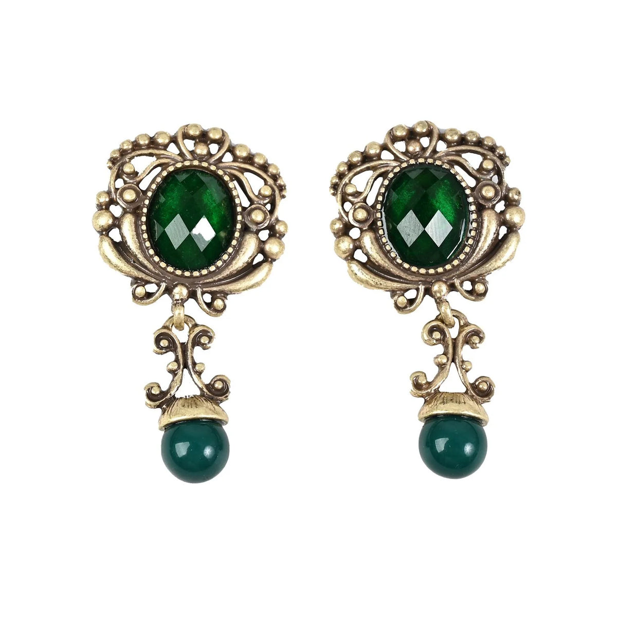 Vintage Emerald Rhinestone Earrings Court Style Antique Finish Dangle Earrings