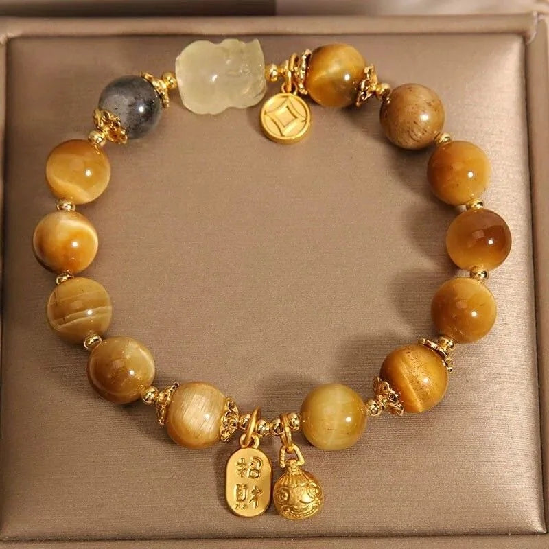 Natural Tiger Eye Bracelet Wealth Beast Charm Pendant New Chinese Style Crystal Bracelet