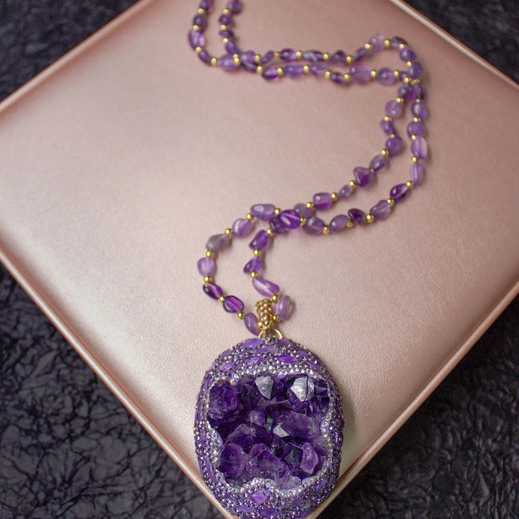 Close-up detail of amethyst jewelry set beads — crystal jewelry gift set for healing and wellness by Crystalvana