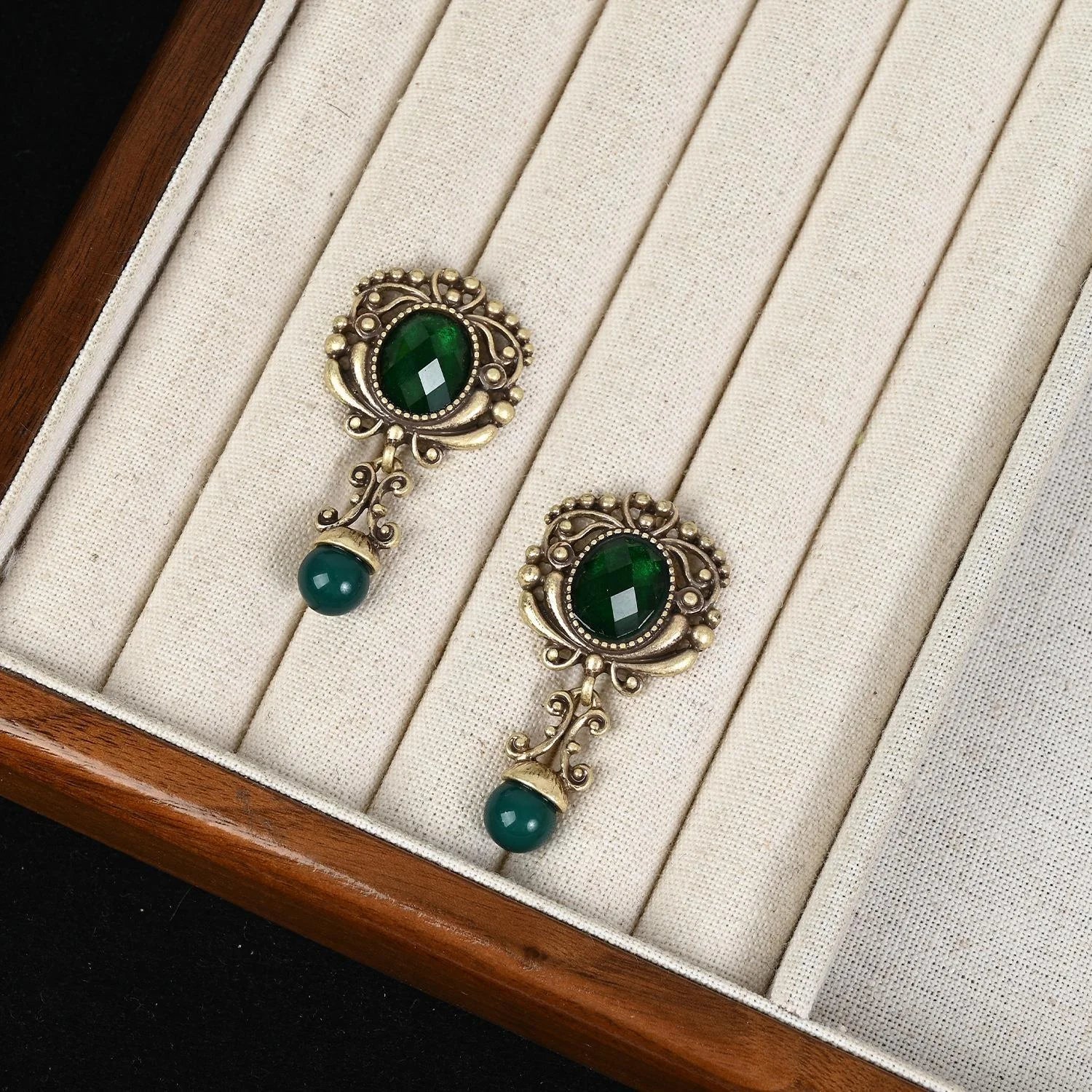 Vintage Emerald Rhinestone Earrings Court Style Antique Finish Dangle Earrings