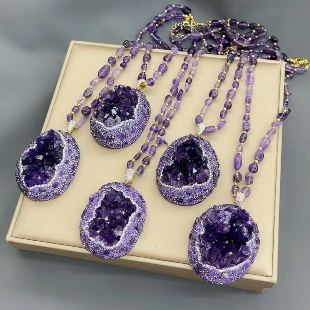 Amethyst jewelry set on display with natural lighting — crystal jewelry gift set for healing and wellness by Crystalvana