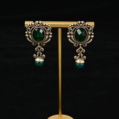 Vintage Emerald Rhinestone Earrings Court Style Antique Finish Dangle Earrings