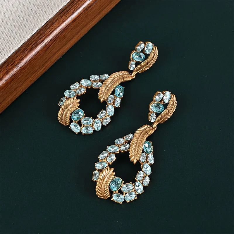 Chinese Vintage K9 Crystal Gold Plated Earrings Baroque Dangle Earrings Light Luxury