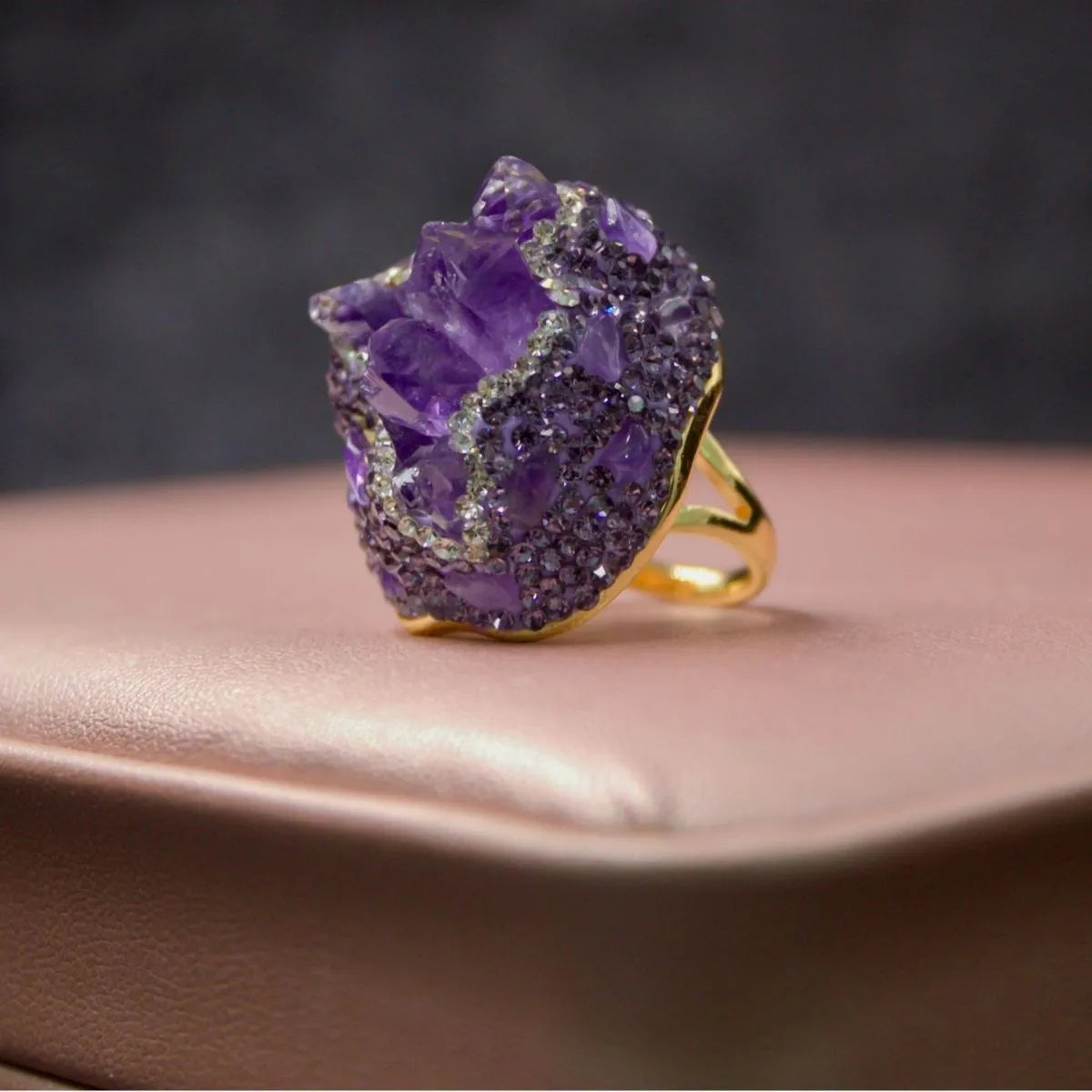 Side angle view of amethyst jewelry set — crystal jewelry gift set for healing and wellness by Crystalvana