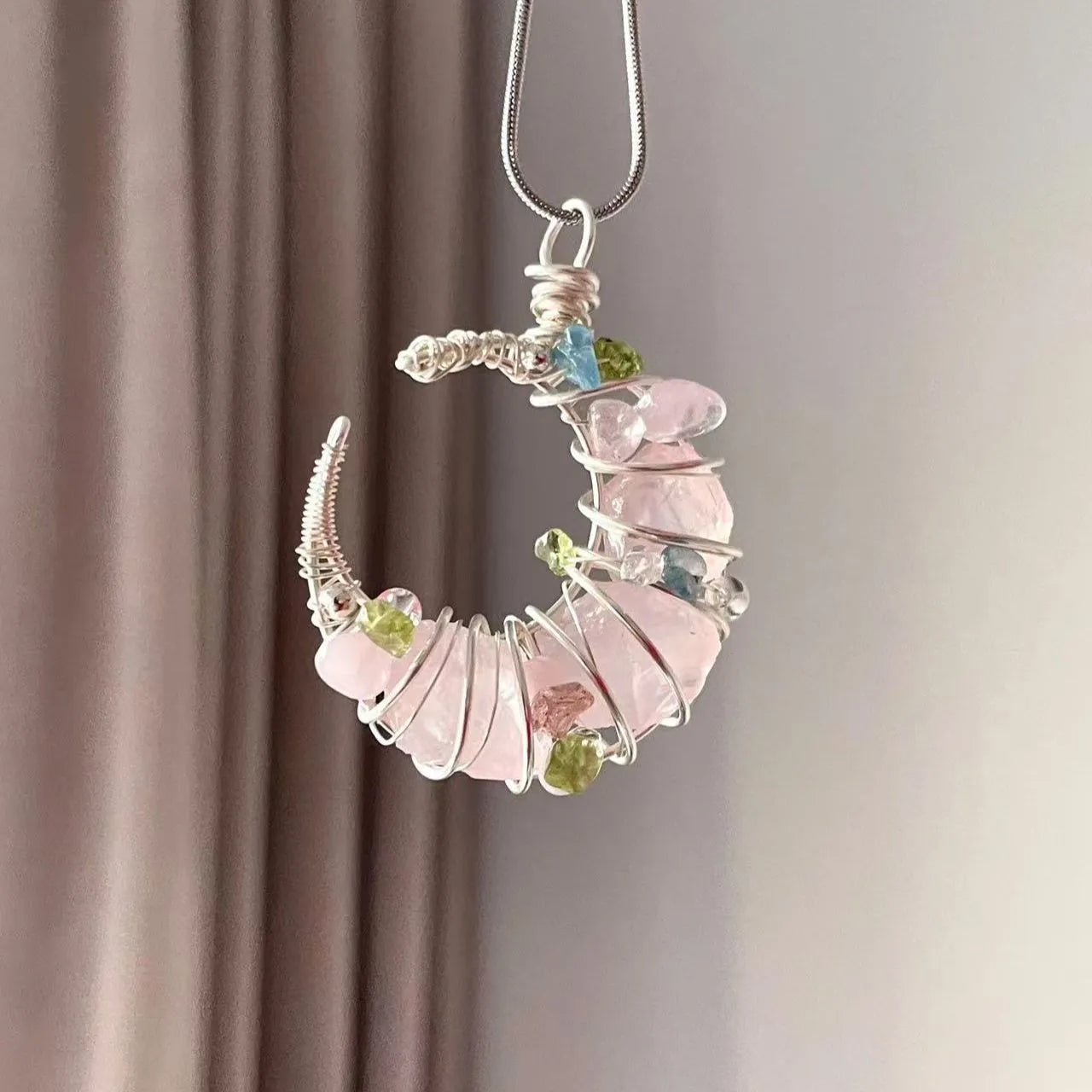 Side angle view of raw crystal necklace — handcrafted crystal necklace for positive energy by Crystalvana