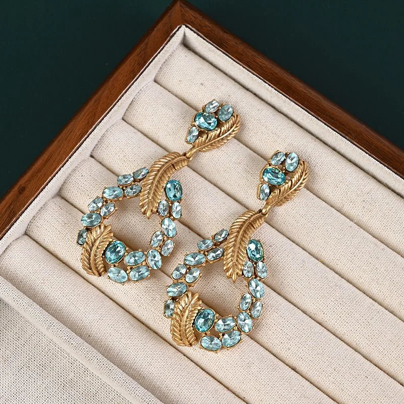 Chinese Vintage K9 Crystal Gold Plated Earrings Baroque Dangle Earrings Light Luxury