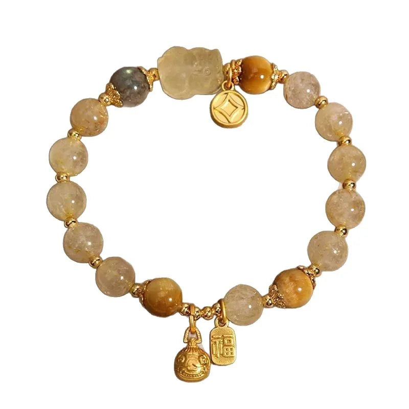 Natural Tiger Eye Bracelet Wealth Beast Charm Pendant New Chinese Style Crystal Bracelet