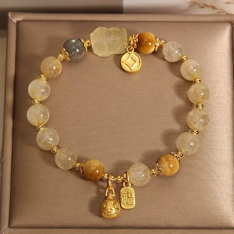 Natural Tiger Eye Bracelet Wealth Beast Charm Pendant New Chinese Style Crystal Bracelet