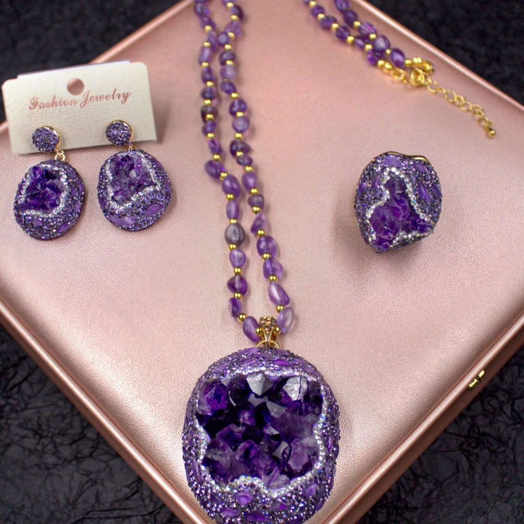 Macro close-up of amethyst jewelry set craftsmanship — crystal jewelry gift set for healing and wellness by Crystalvana