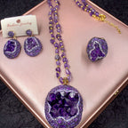 Macro close-up of amethyst jewelry set craftsmanship — crystal jewelry gift set for healing and wellness by Crystalvana