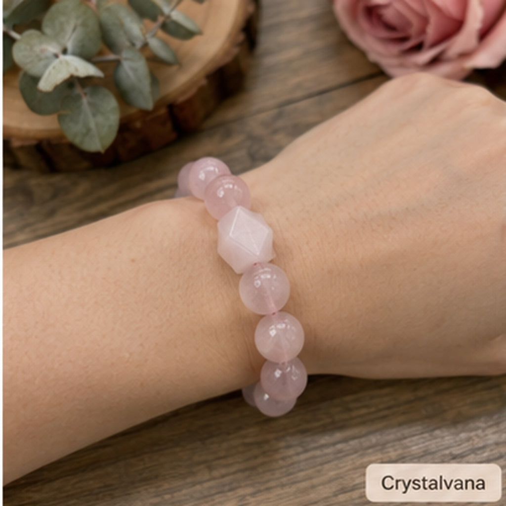 Natural Pink Quartz Gold Rutile 14mm Bracelet - Crystalvana
