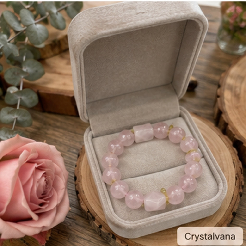 Natural Pink Quartz Gold Rutile 14mm Bracelet - Crystalvana