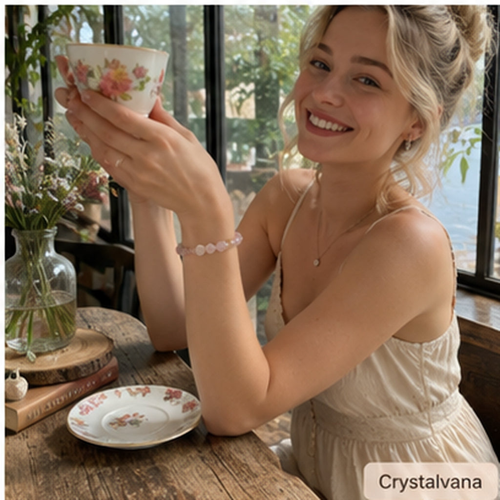 Natural Pink Quartz Gold Rutile 14mm Bracelet - Crystalvana