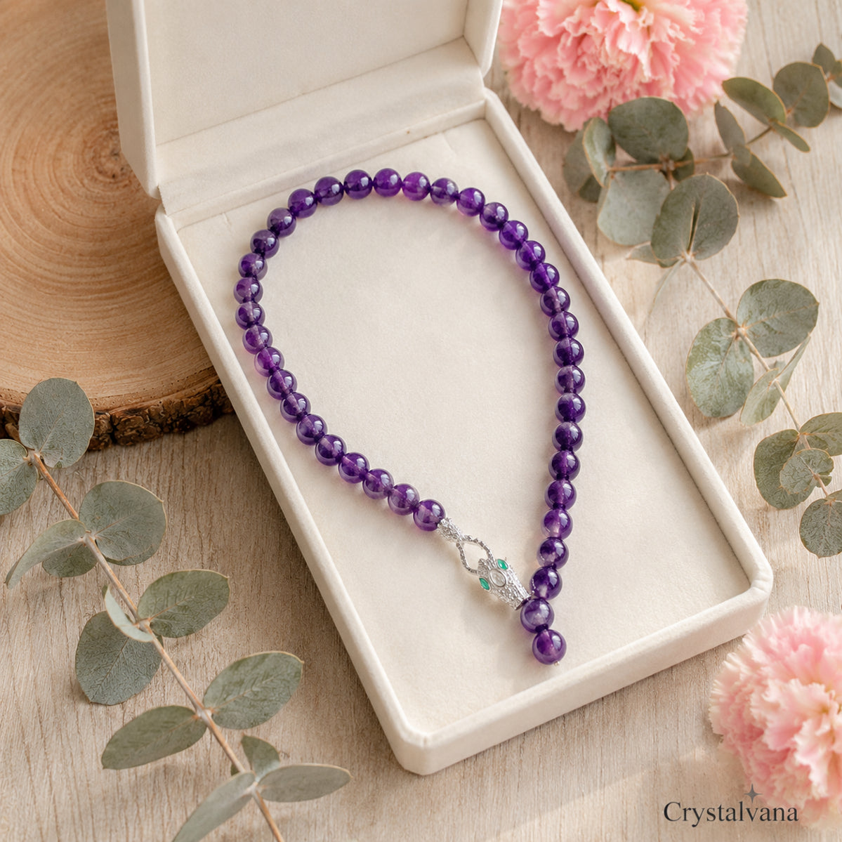 12mm Amethyst necklace on table display - purple crystal jewelry by Crystalvana