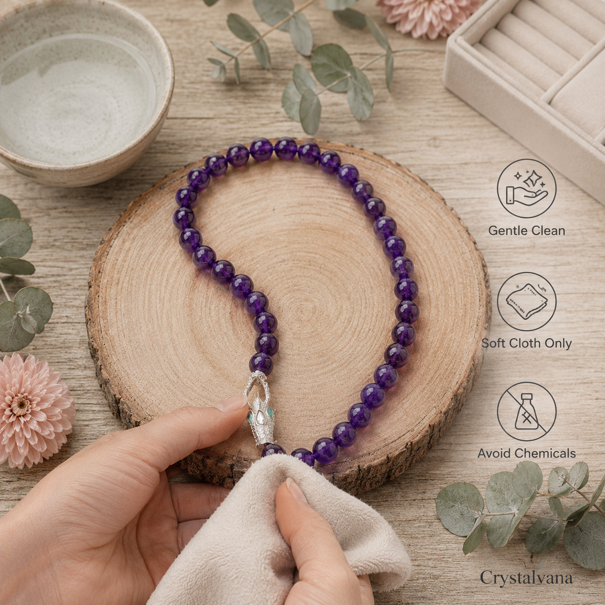 Amethyst bead necklace detail natural lighting - crystal healing necklace for crown chakra