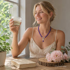 Close-up of 12mm amethyst bead pendant necklace - natural gemstone necklace for calm