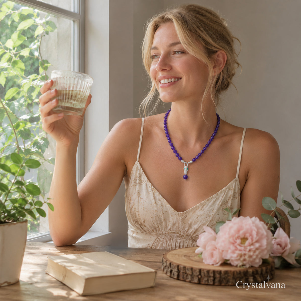 Close-up of 12mm amethyst bead pendant necklace - natural gemstone necklace for calm