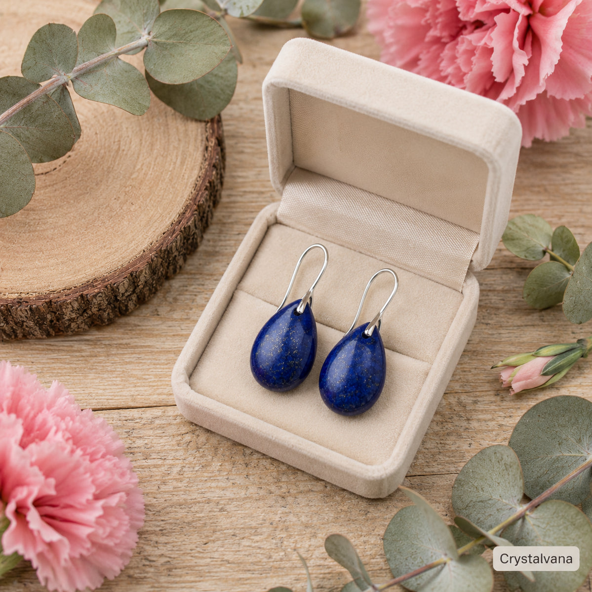 Natural Lapis Lazuli teardrop earrings close-up - deep blue gemstone earrings for wisdom
