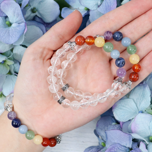 7 Chakra with Clear Quartz Beaded Bracelet – natural Seven Stones crystal bracelet by Crystalvana