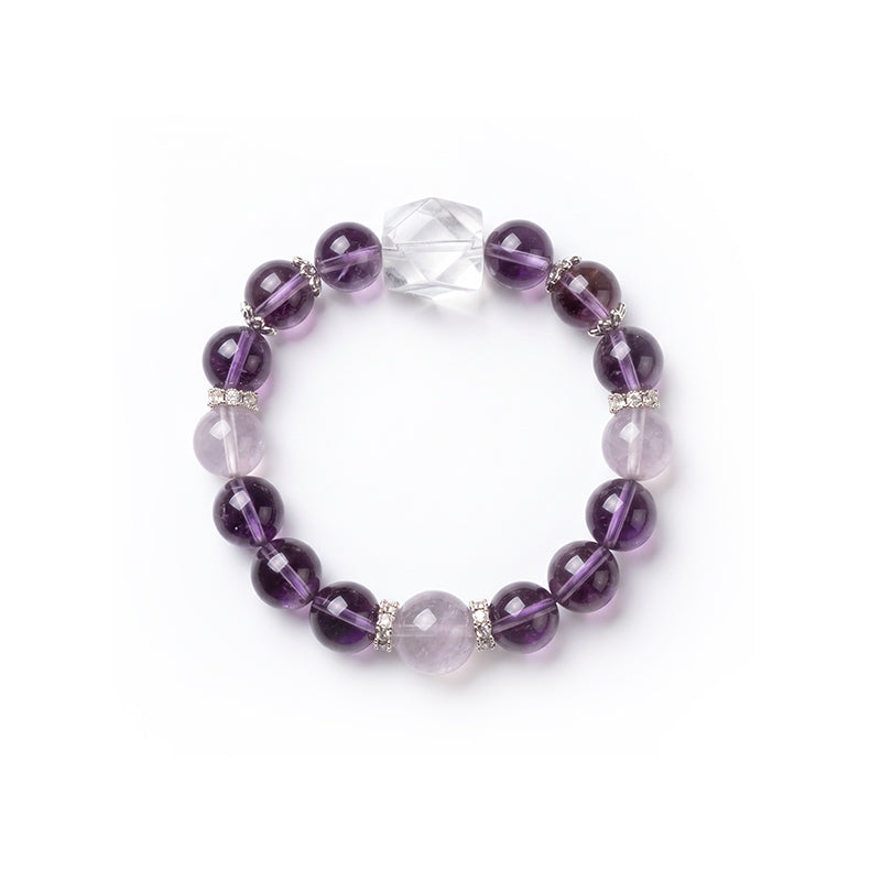 Natural Amethyst & Clear Quartz Bracelet for Intuition & Stress Relief - Beaded  | Crystalvana