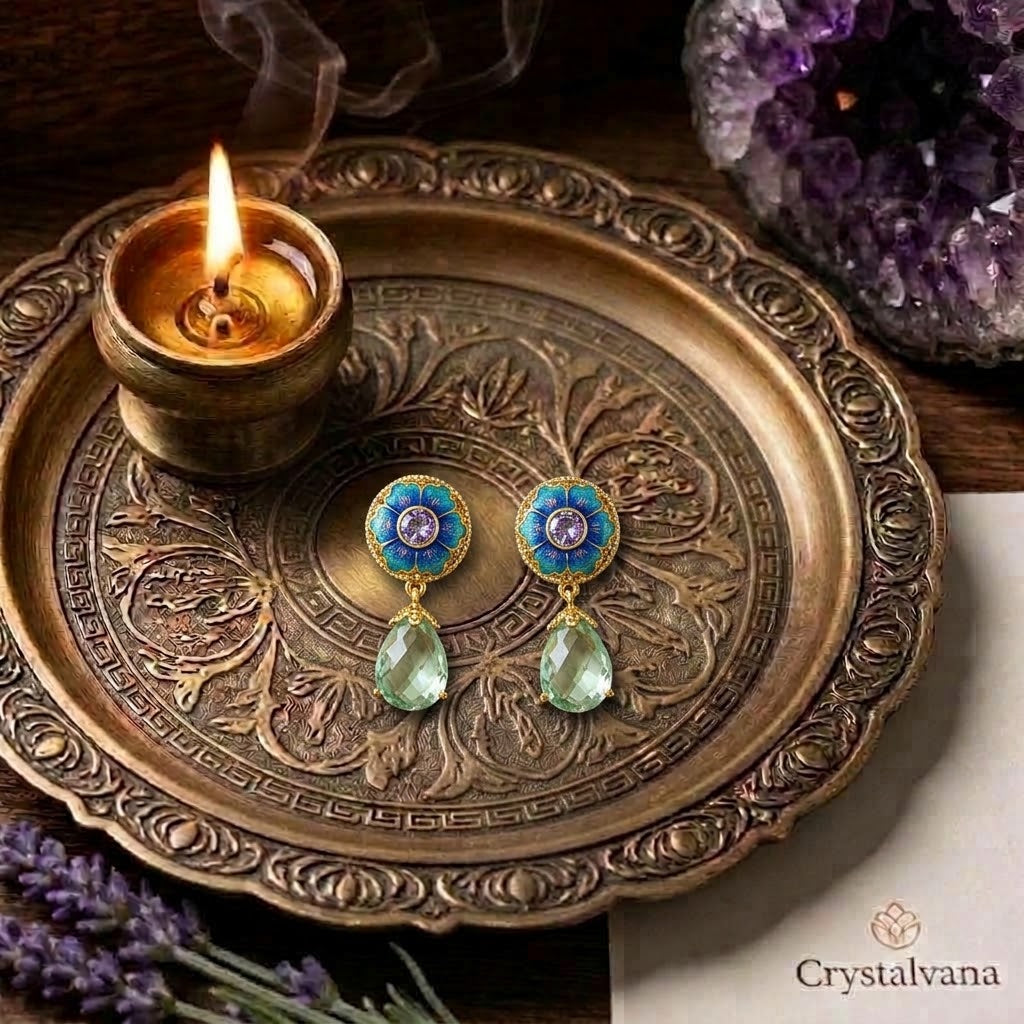 Vintage blue enamel flower earrings with crystal tassels - Crystalvana