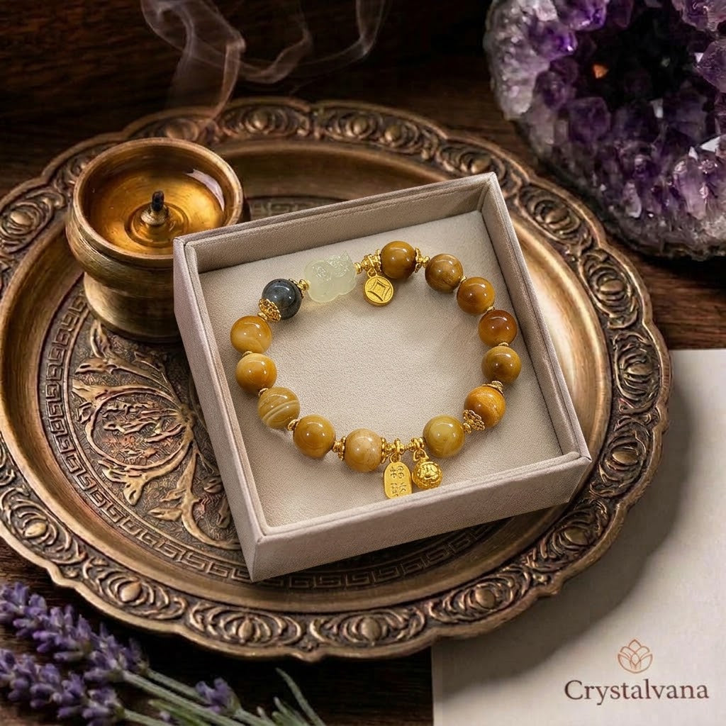 Natural tiger eye bracelet with brass wealth beast pendant - full view