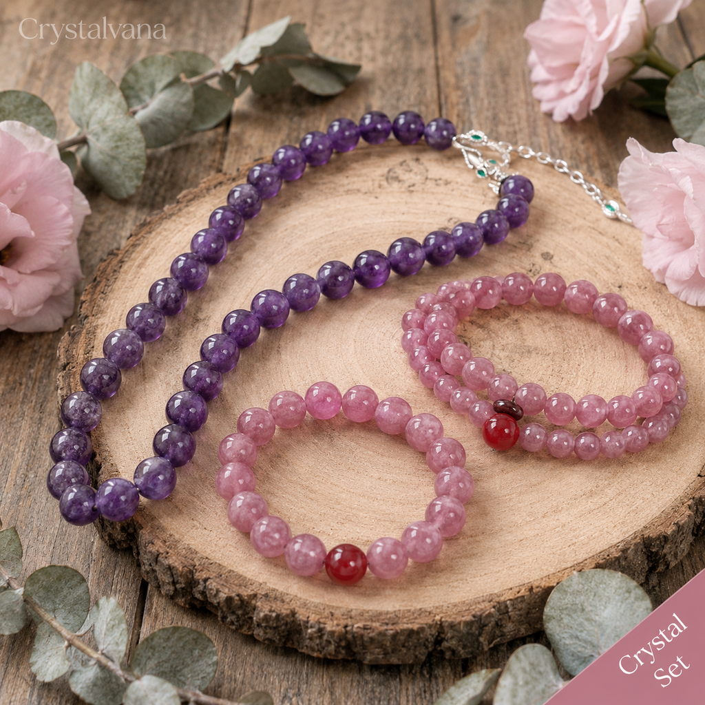 Natural Rose Quartz & Red Agate Crystal Jewelry | Bracelet & Necklace | Crystalvana