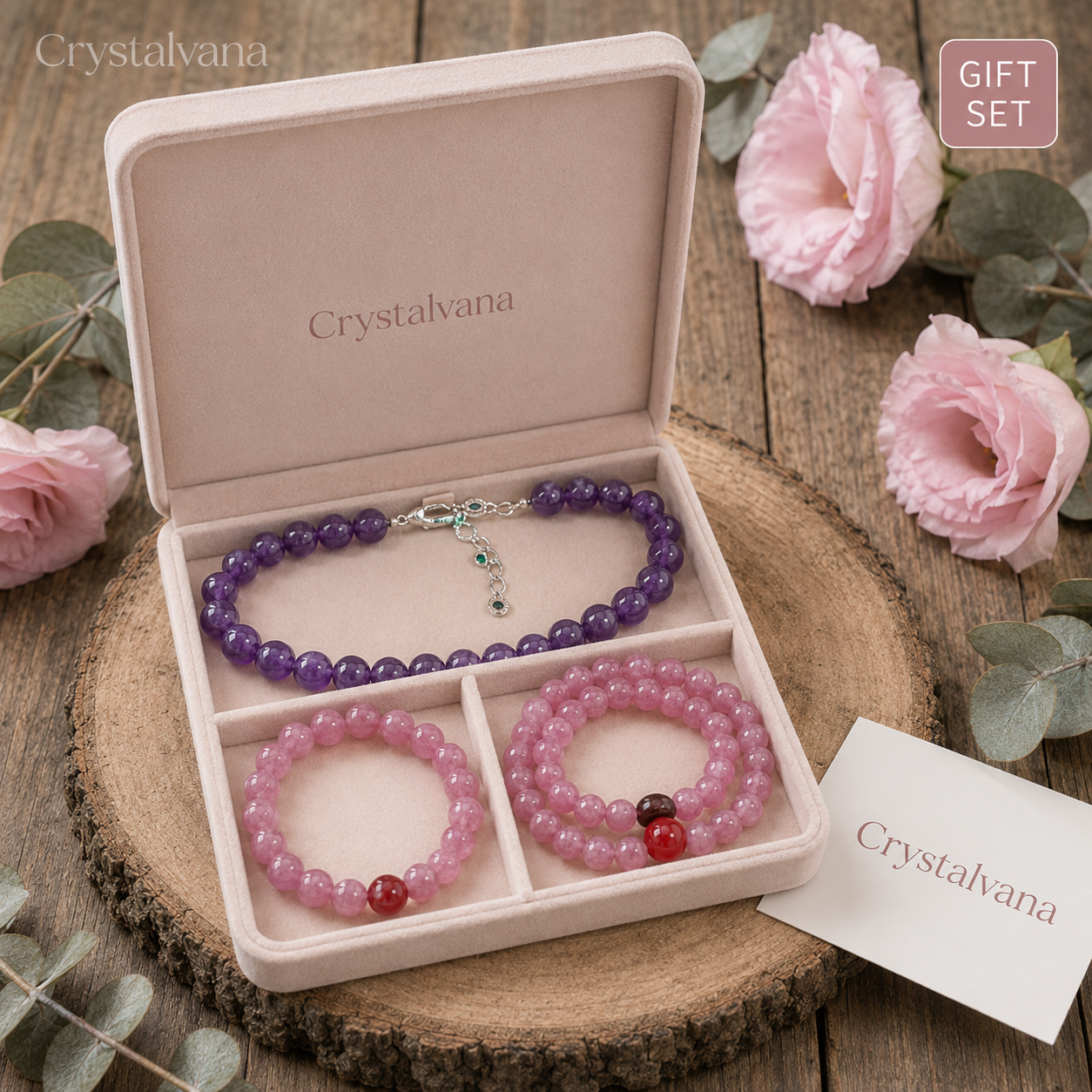 Natural Rose Quartz & Red Agate Crystal Jewelry | Bracelet & Necklace | Crystalvana