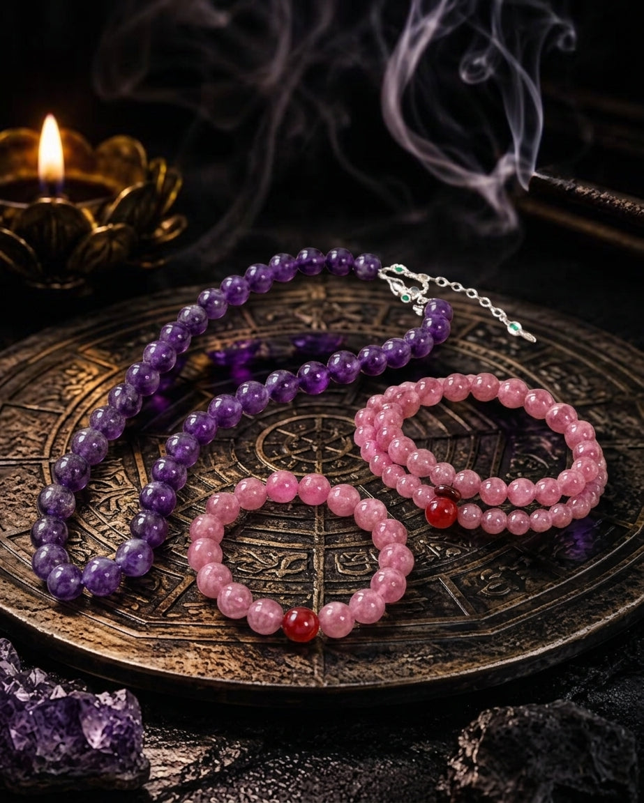 Natural Rose Quartz & Red Agate Crystal Jewelry | Bracelet & Necklace | Crystalvana