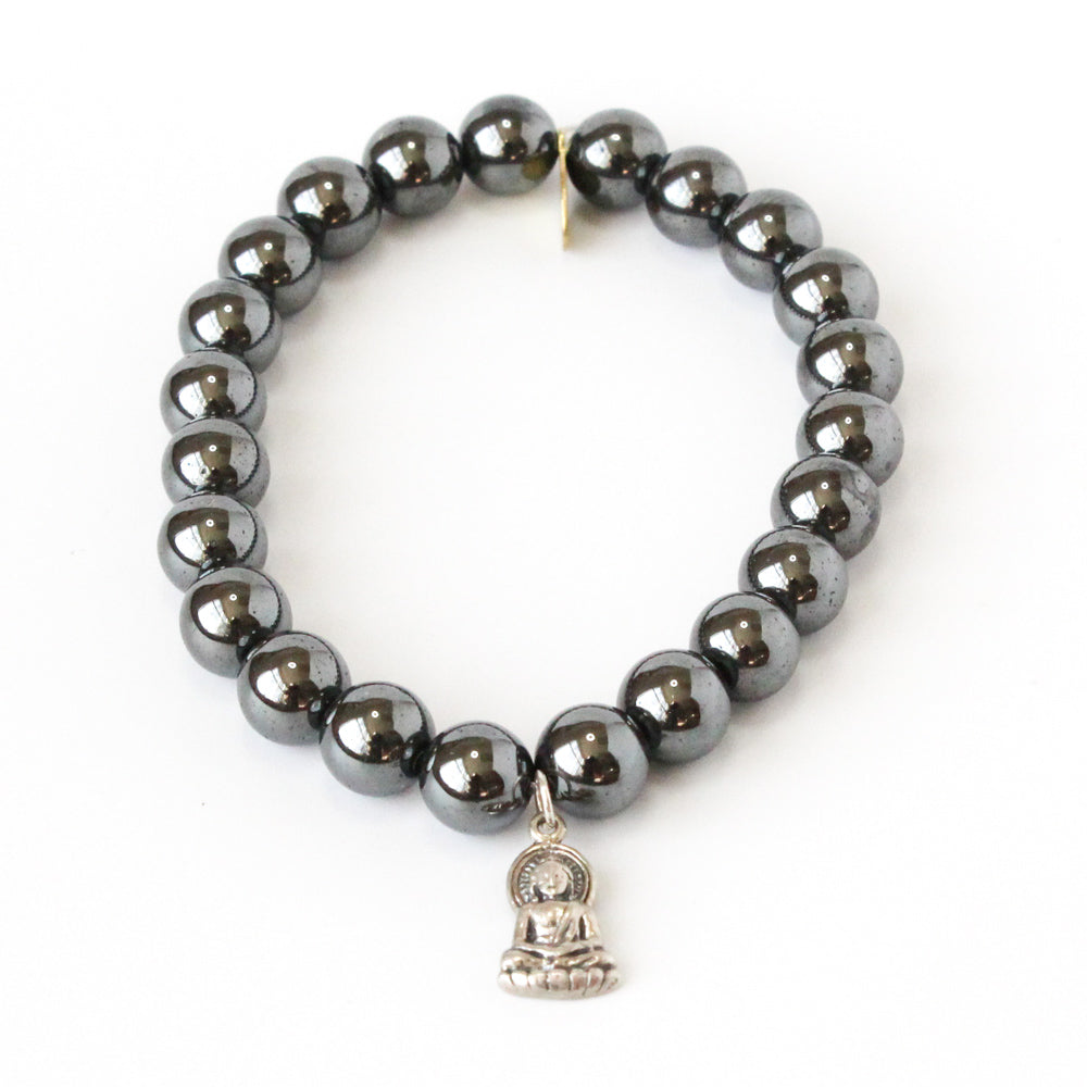 Close-up of natural Hematite stone beads with metallic sheen - crystal bracelet detail