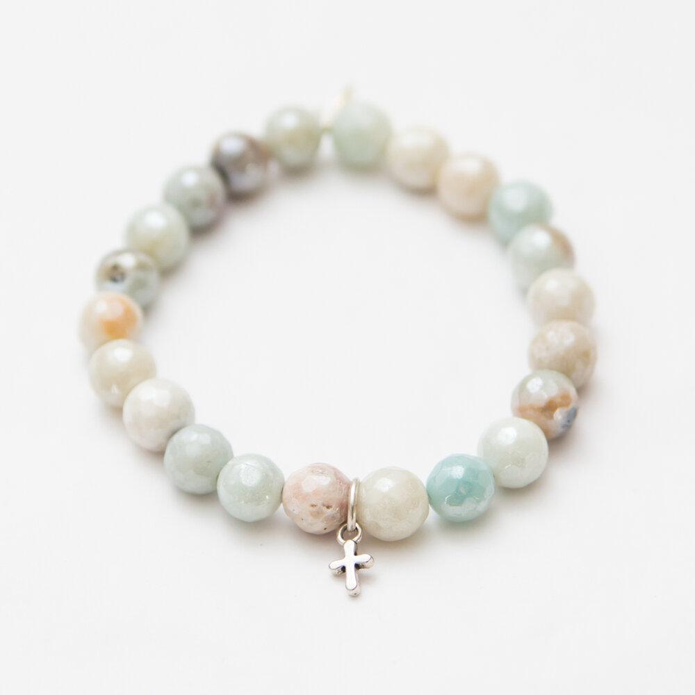 Amazonite crystal bracelet on display - calming healing stone for emotional balance