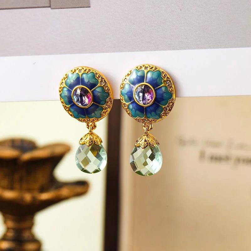 Vintage Court Blue Enamel Flower Earrings Crystal Tassel Dangle Earrings Artisan