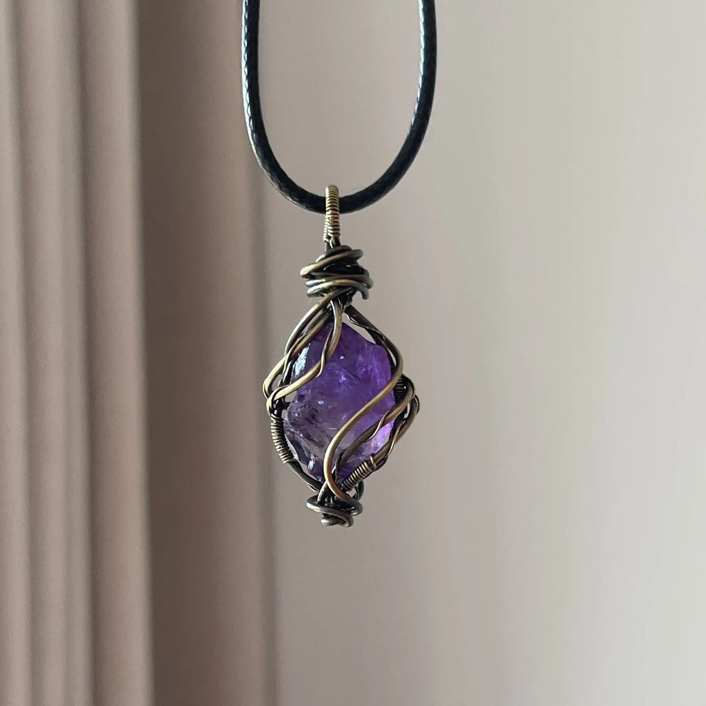 Handcrafted Natural Amethyst raw stone wire wrapped pendant necklace violet crystal by Crystalvana