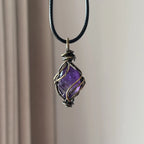 Handcrafted Natural Amethyst raw stone wire wrapped pendant necklace violet crystal by Crystalvana