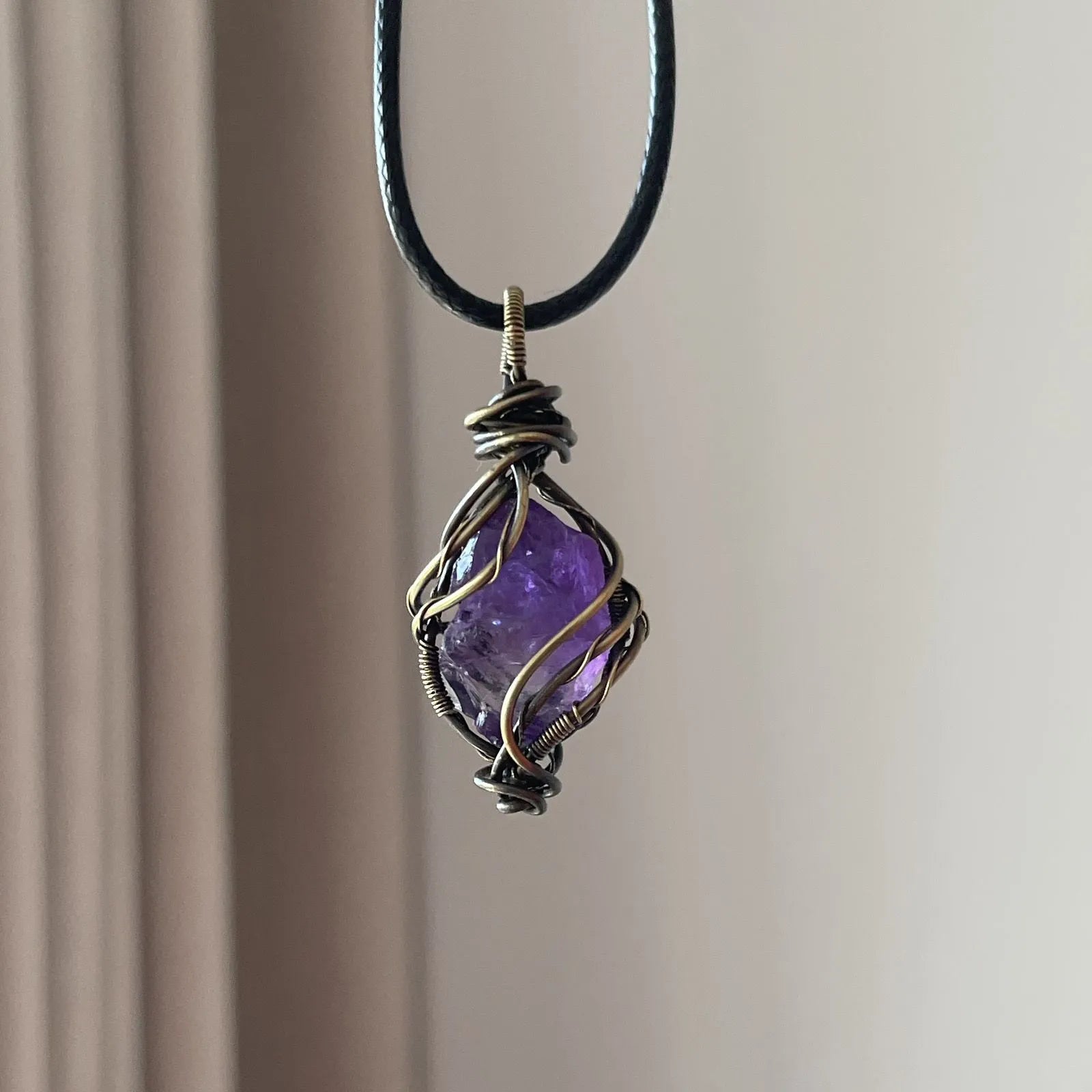 Handcrafted Natural Amethyst raw stone wire wrapped pendant necklace violet crystal by Crystalvana