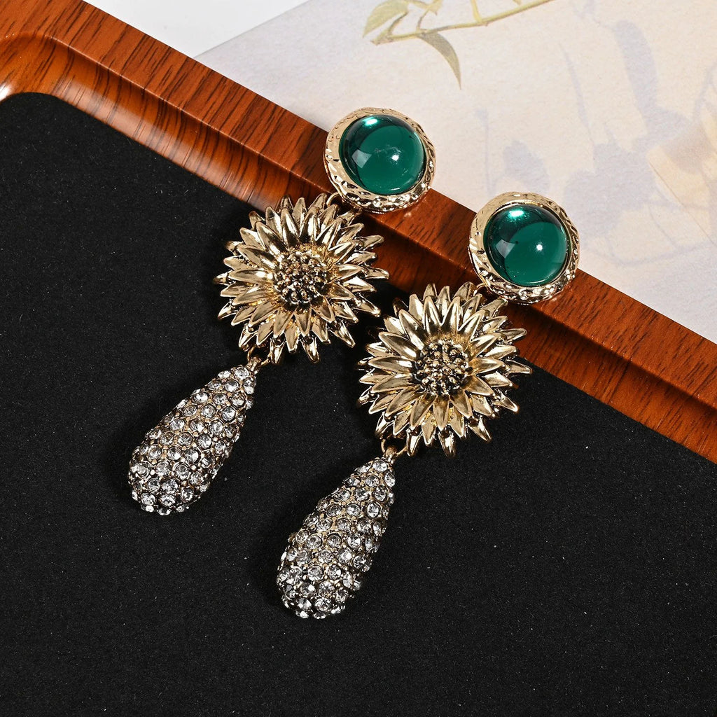 Summer sunflower cubic zirconia earrings sterling silver needle dangle earrings by Crystalvana