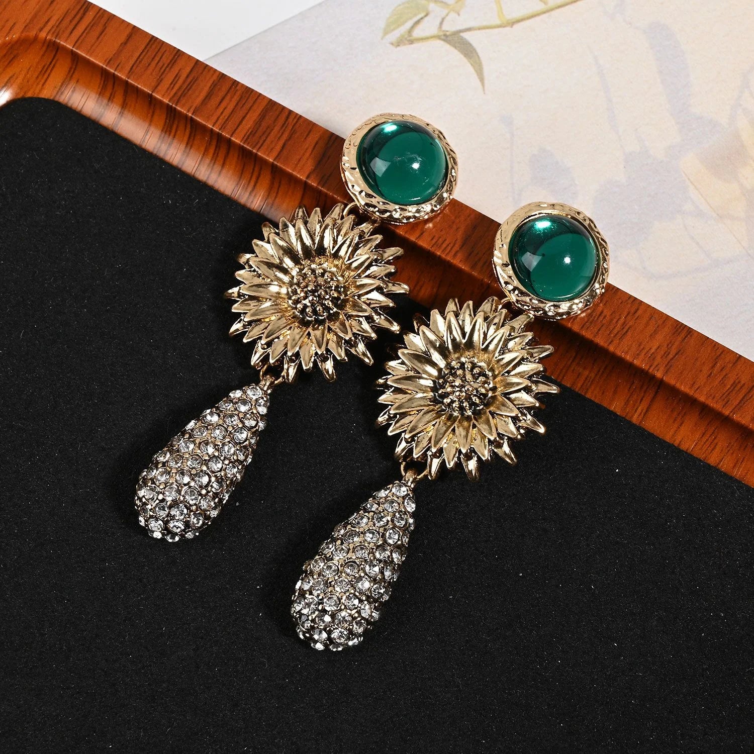 Summer sunflower cubic zirconia earrings sterling silver needle dangle earrings by Crystalvana