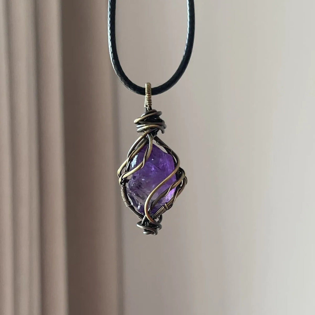 Close-up detail of amethyst necklace beads — handcrafted crystal necklace for positive energy by Crystalvana