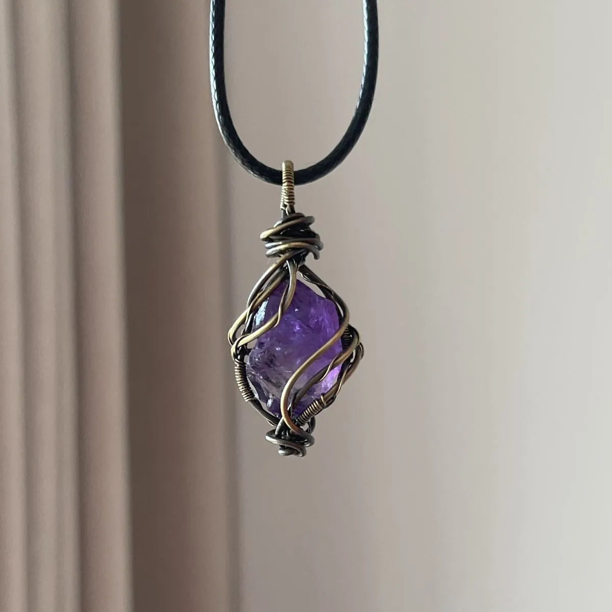 Close-up detail of amethyst necklace beads — handcrafted crystal necklace for positive energy by Crystalvana